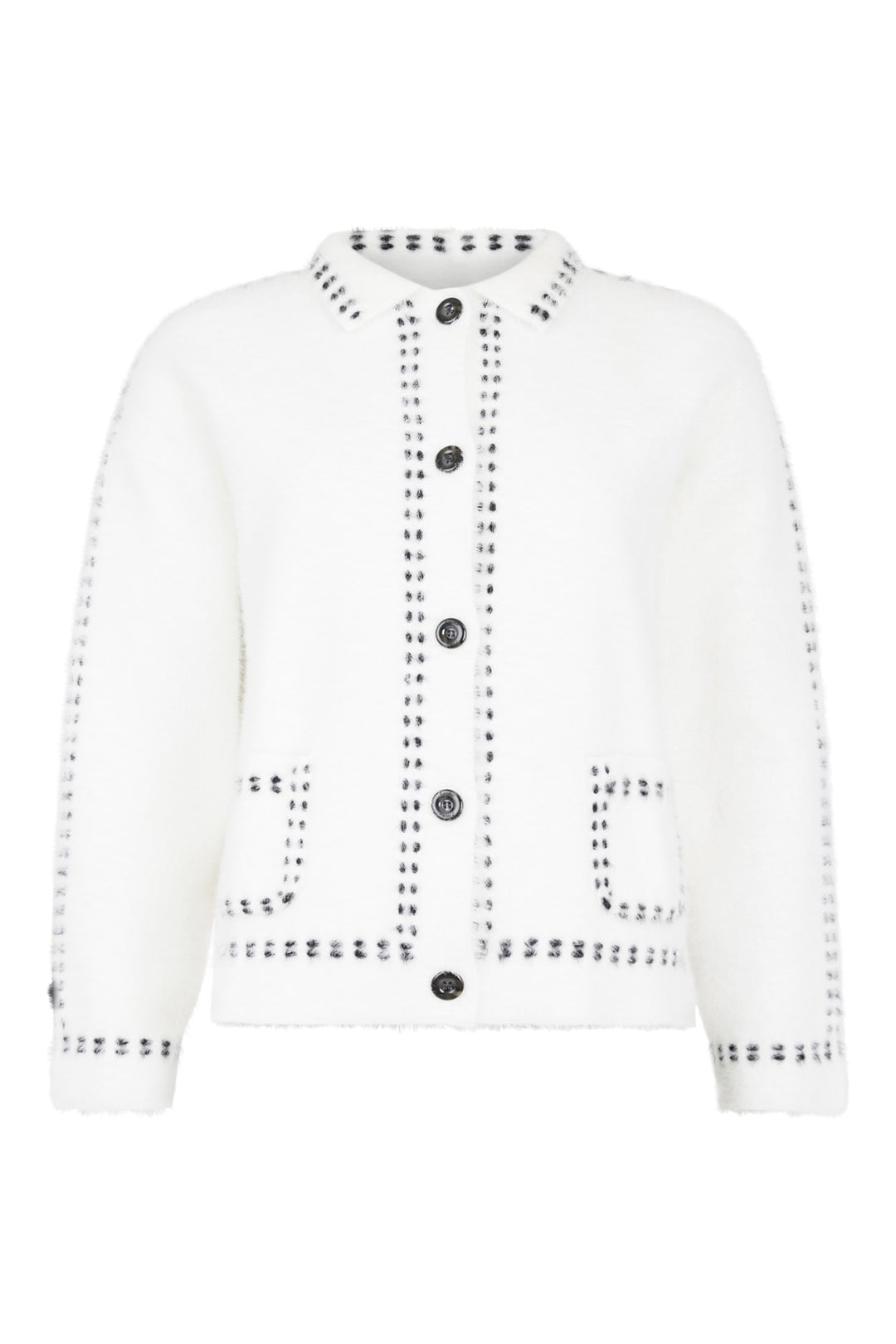 I'cona Pickstitch Detail Button Front Cardigan with Collar and Pockets in Off-White
