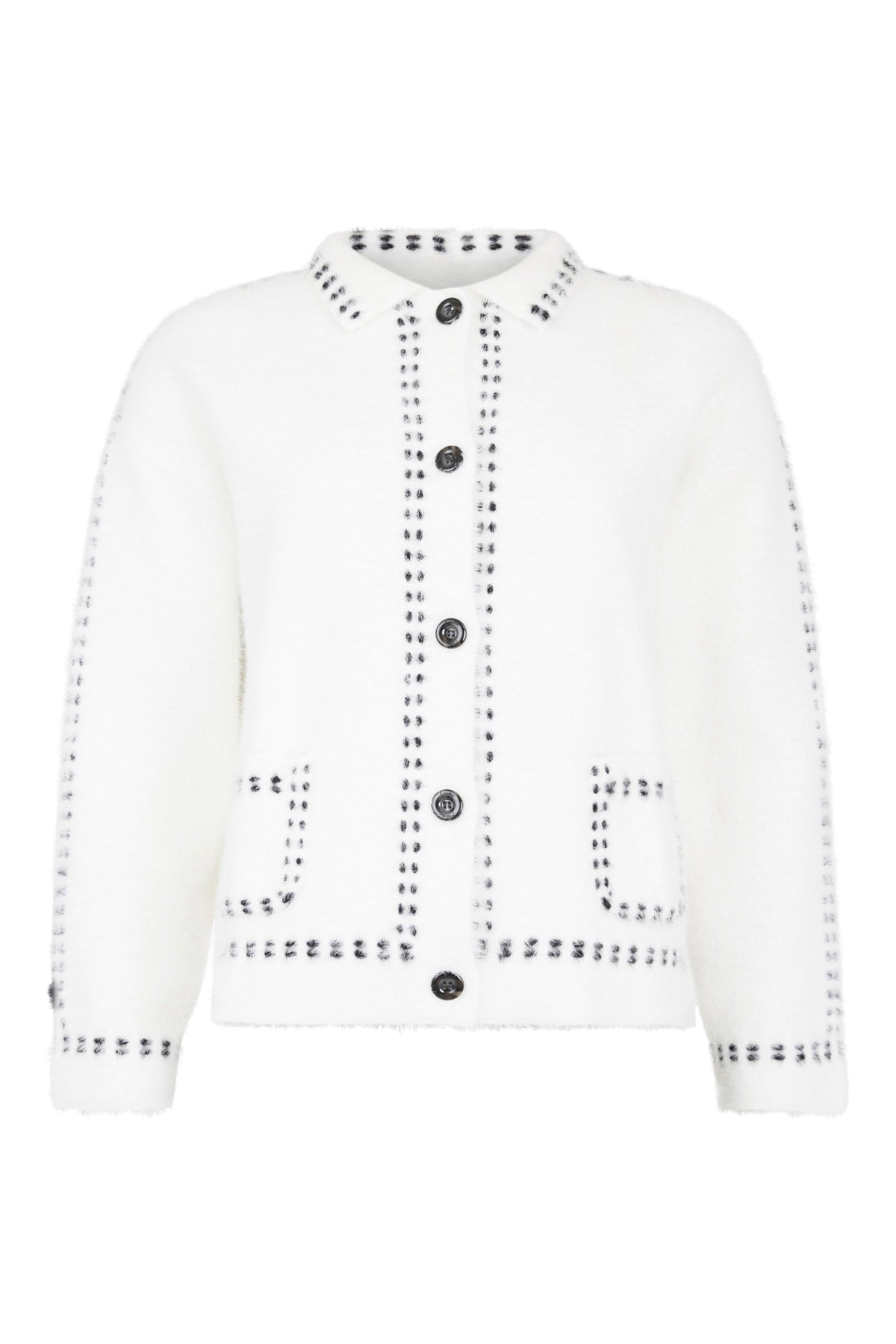 Off-white cardigan with pointed collar, button front, and pickstitch pocket panels