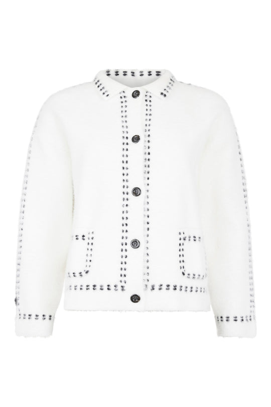I'cona Pickstitch Detail Button Front Cardigan with Collar and Pockets in Off-White