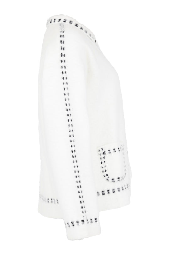 I'cona Pickstitch Detail Button Front Cardigan with Collar and Pockets in Off-White