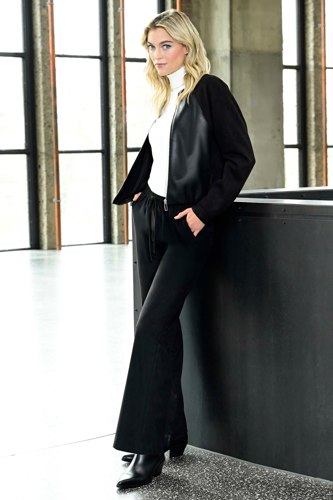 I'cona Faux Leather and Suede Zip Jacket in Black