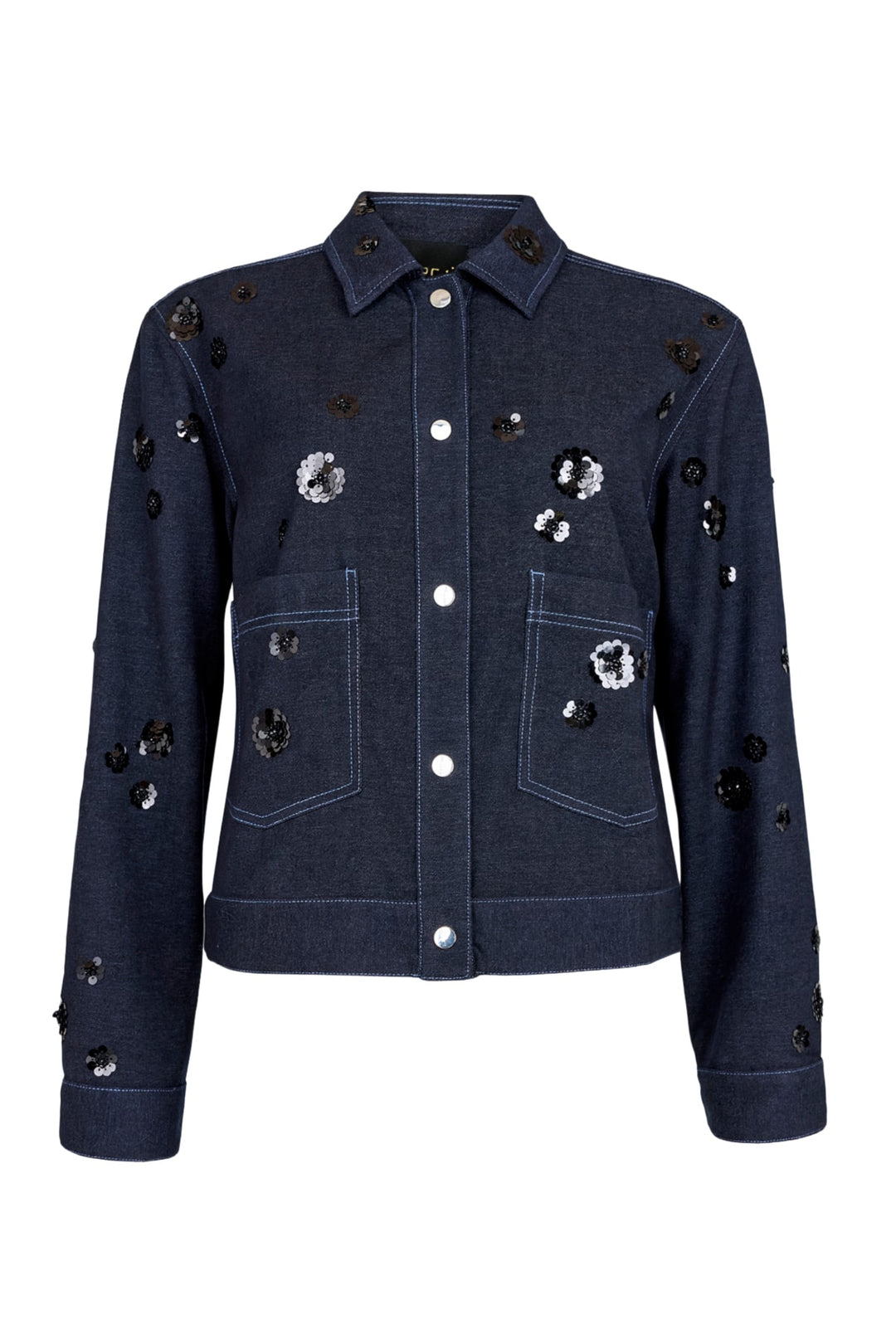 Navy stretch denim jersey jacket with sequin clusters, flap pockets, and snap buttons