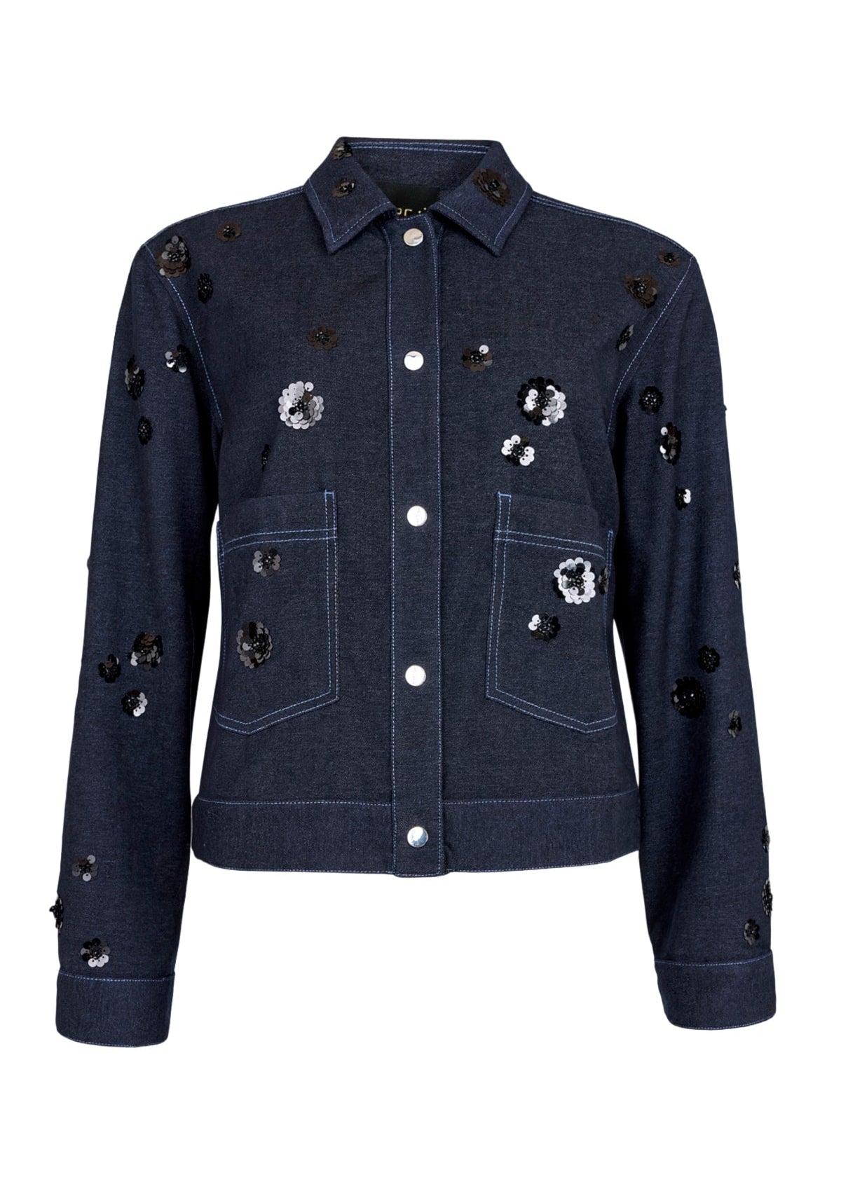 Navy stretch denim jersey jacket with sequin clusters, flap pockets, and snap buttons