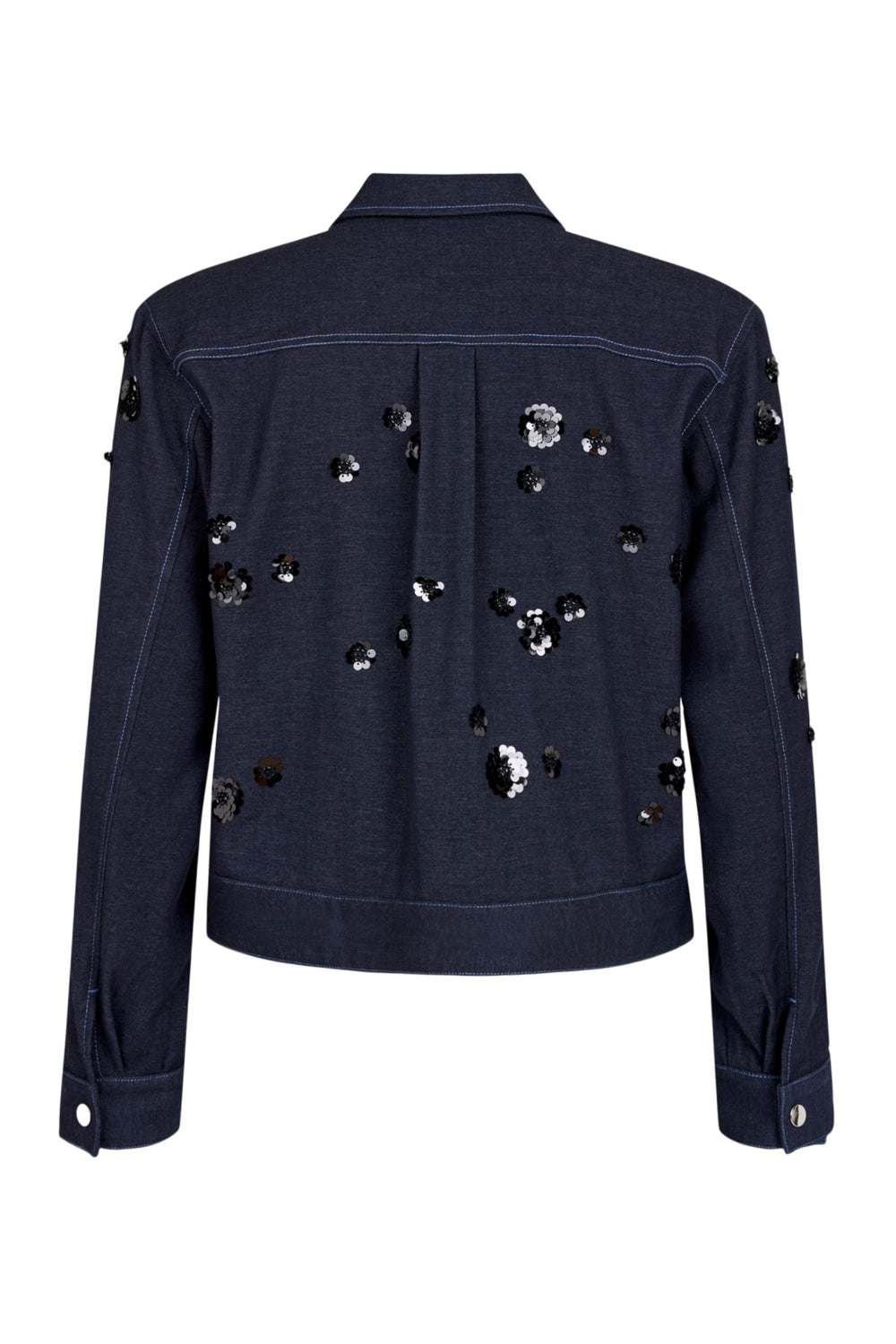 Back view navy stretch denim jersey jacket with scattered sequin details