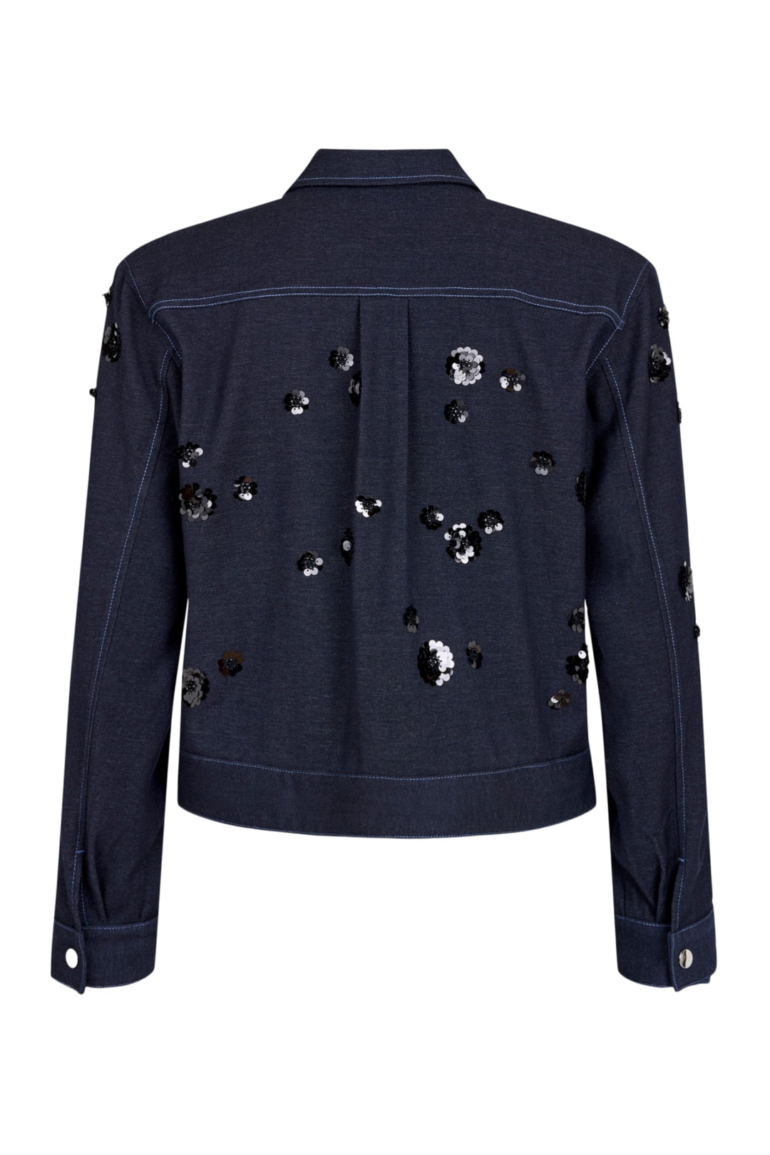 Back view navy stretch denim jersey jacket with scattered sequin details