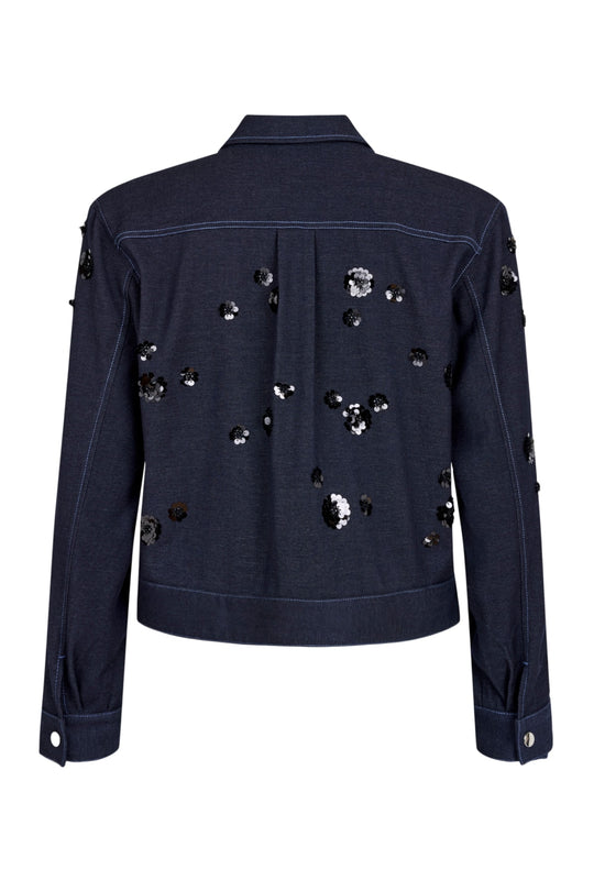 Back view navy stretch denim jersey jacket with scattered sequin details