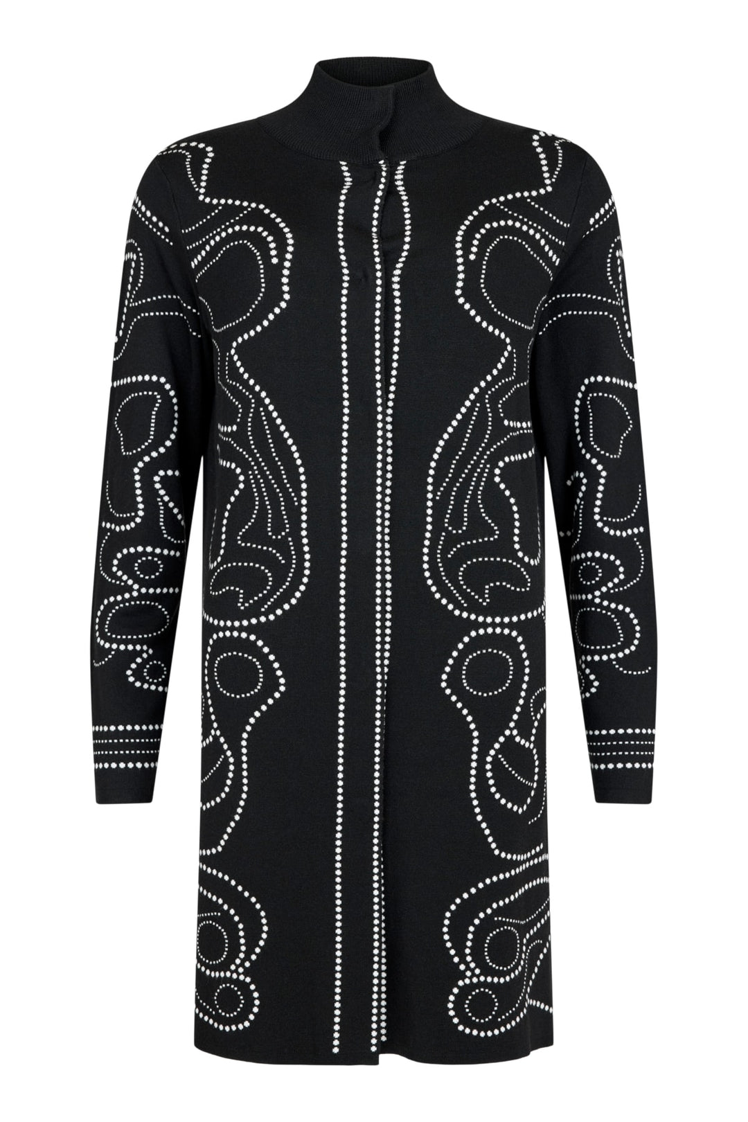 I'cona Abstract Dot Floral Long Knit Cardigan with Covered Placket in Black