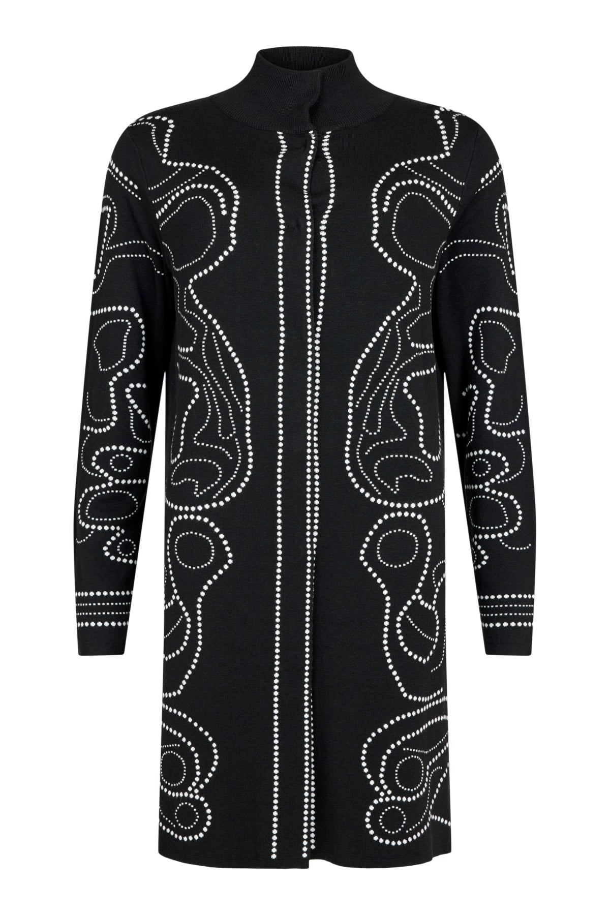 I'cona long knit cardigan, black with white abstract dot floral front and center motif