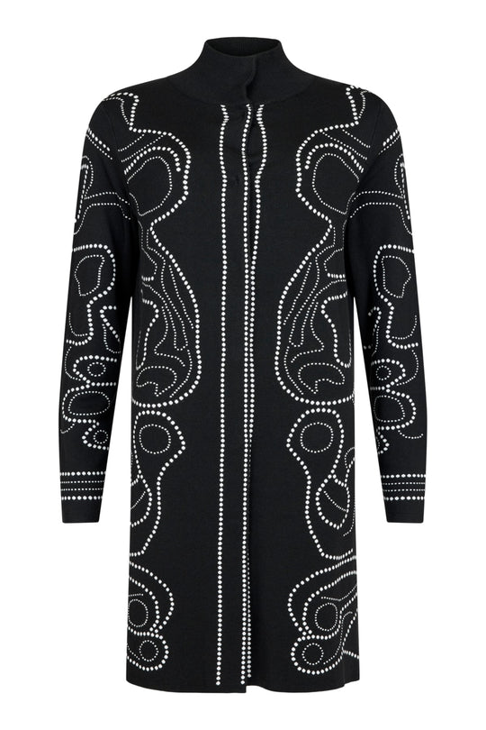 I'cona Abstract Dot Floral Long Knit Cardigan with Covered Placket in Black