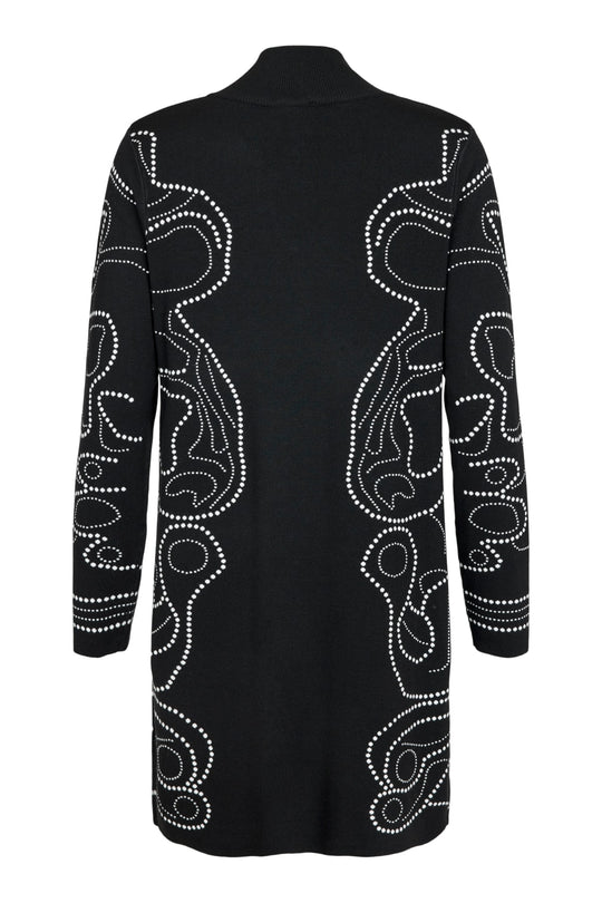I'cona Abstract Dot Floral Long Knit Cardigan with Covered Placket in Black