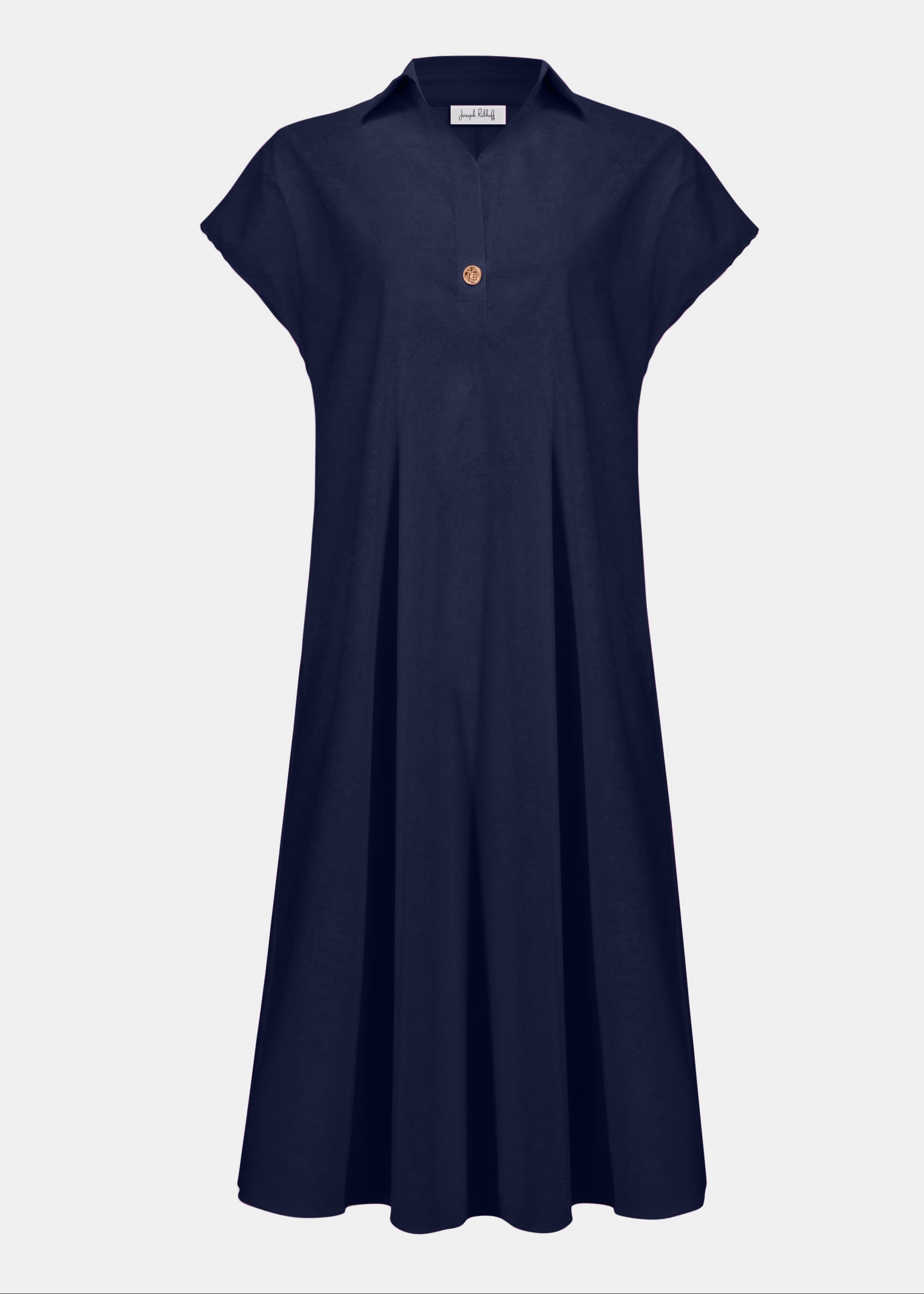 Navy blue dress with a button detail on a white background