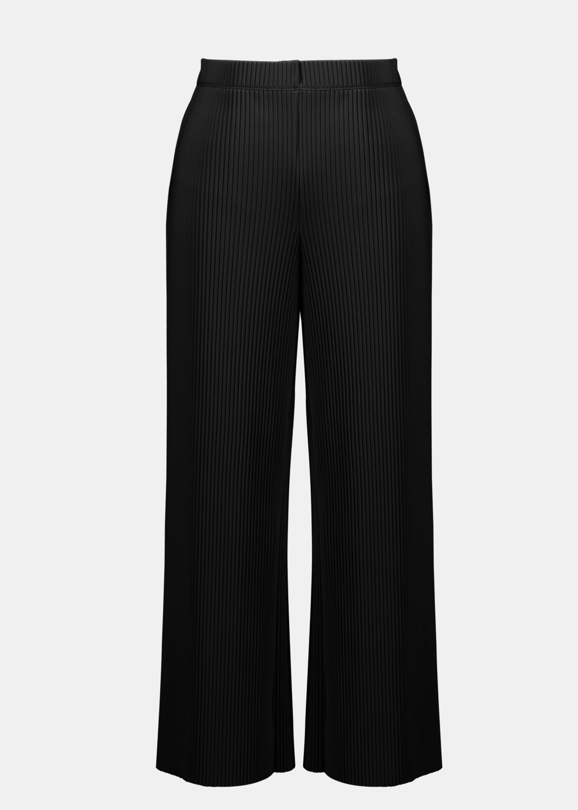 Black ribbed wide-leg pants on a light gray background