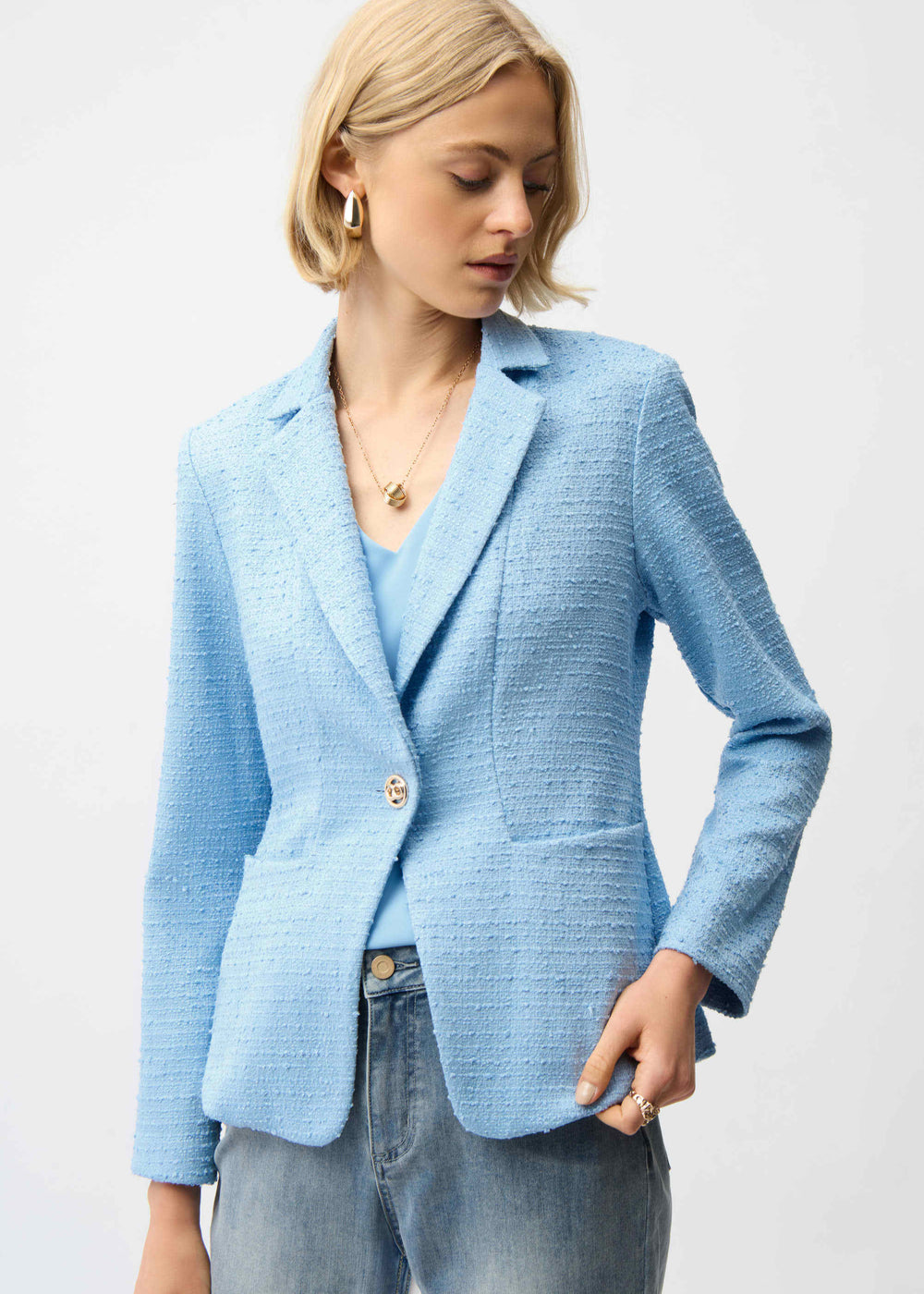 front view of plus size Joseph Ribkoff Fitted Blazer with Notch Collar in Sky Blue