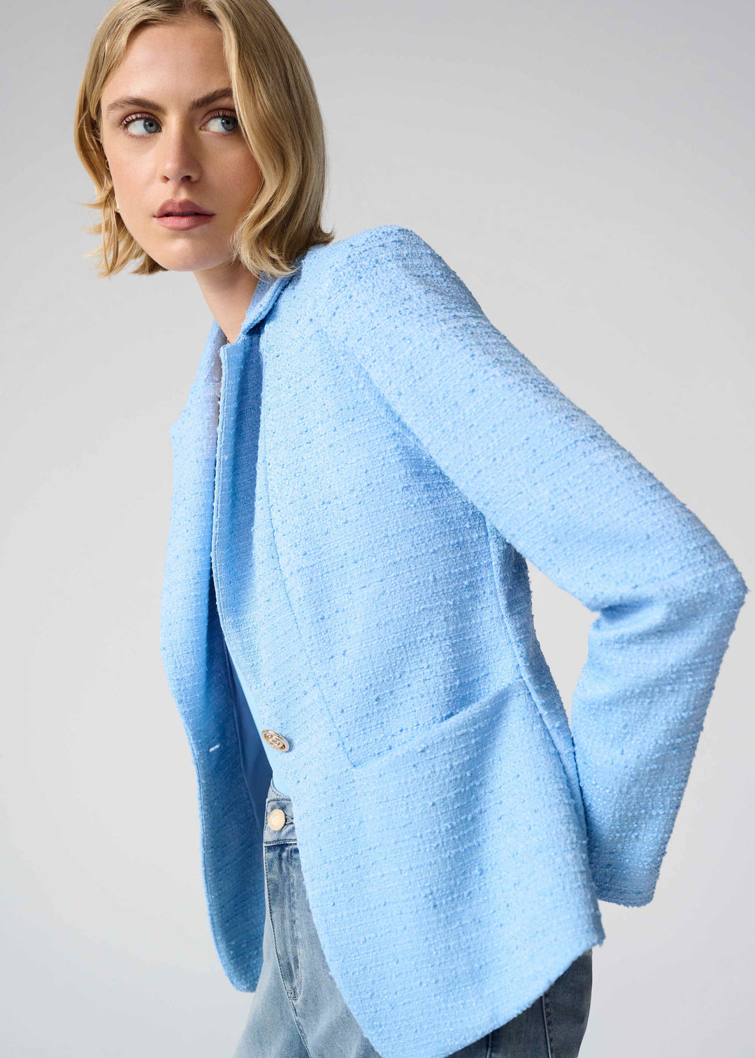 front view of plus size Joseph Ribkoff Fitted Blazer with Notch Collar in Sky Blue