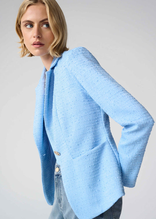 front view of plus size Joseph Ribkoff Fitted Blazer with Notch Collar in Sky Blue