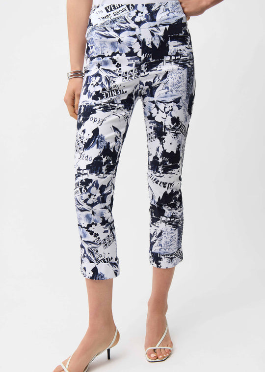 front view of plus size Joseph Ribkoff Millennium Stretch Venice Print Pant in Blue Vanilla