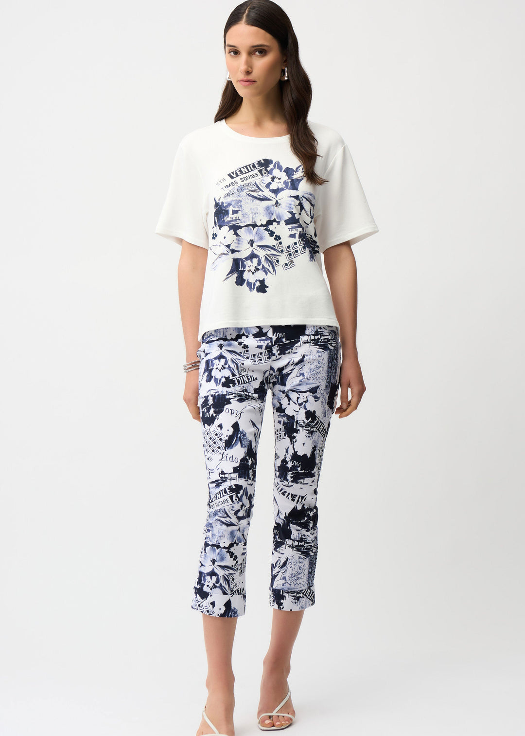 front view of plus size Joseph Ribkoff Millennium Stretch Venice Print Pant in Blue Vanilla