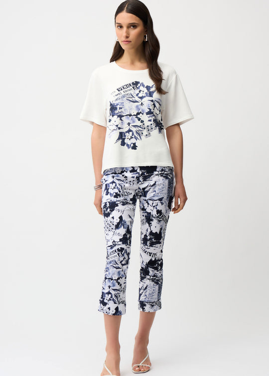 front view of plus size Joseph Ribkoff Millennium Stretch Venice Print Pant in Blue Vanilla