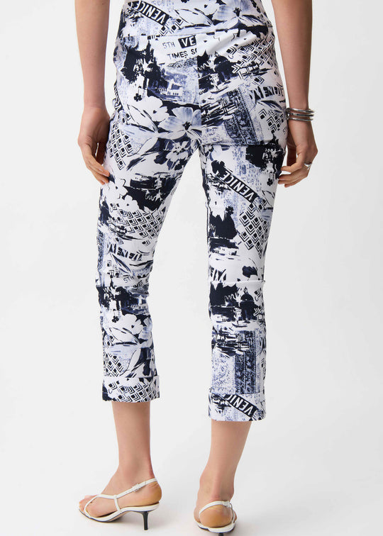 back view of plus size Joseph Ribkoff Millennium Stretch Venice Print Pant in Blue Vanilla