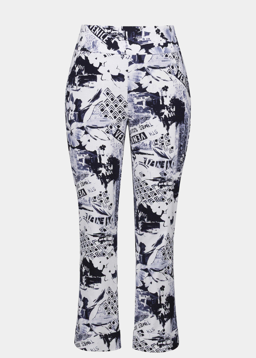 front view of plus size Joseph Ribkoff Millennium Stretch Venice Print Pant in Blue Vanilla
