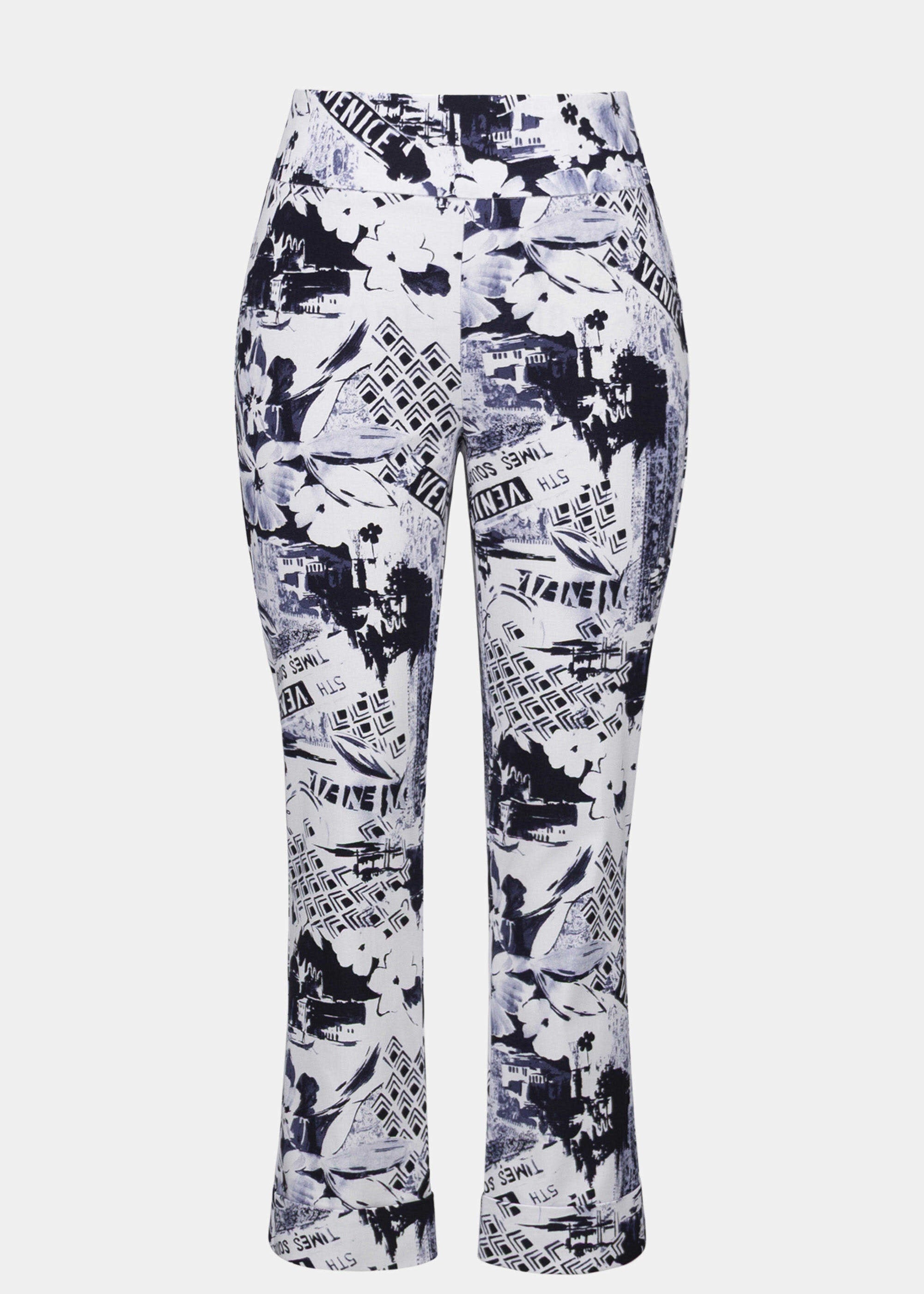 front view of plus size Joseph Ribkoff Millennium Stretch Venice Print Pant in Blue Vanilla