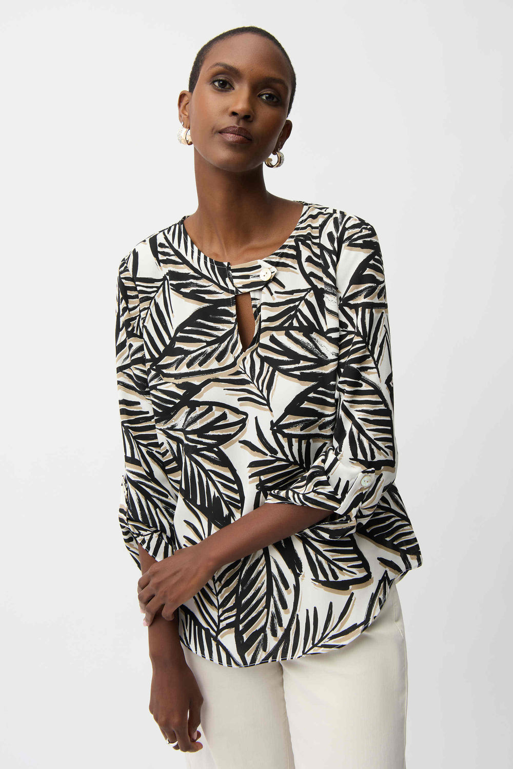 Joseph Ribkoff Georgette Tropical Print Boxy Top With Front Keyhole