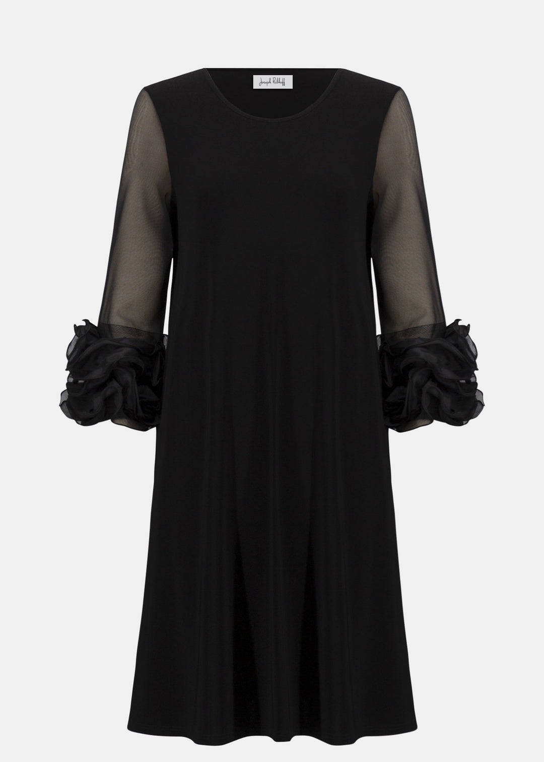 front view of plus size Joseph Ribkoff Jersey Mesh Swing Dress with Ruffle Trim in Black
