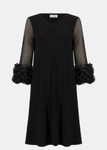 front view of plus size Joseph Ribkoff Jersey Mesh Swing Dress with Ruffle Trim in Black