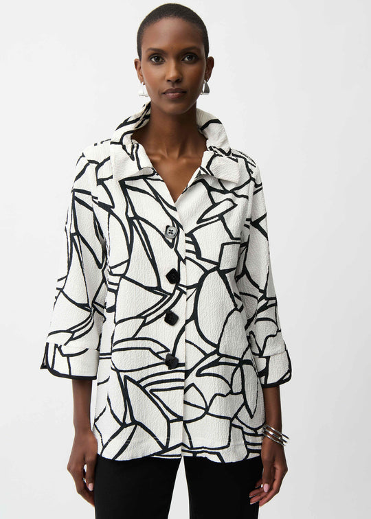 front view of plus size Joseph Ribkoff Seersucker Abstract Print Wire Collar Jacket in Vanilla Black