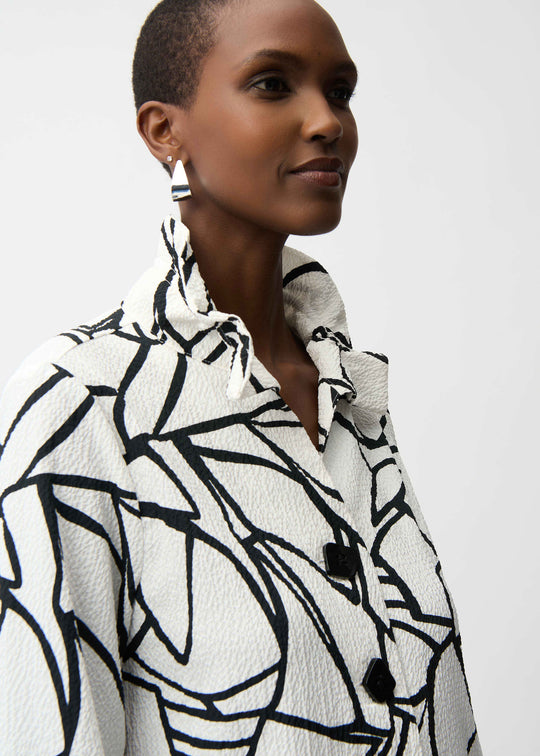 close up front view of plus size Joseph Ribkoff Seersucker Abstract Print Wire Collar Jacket in Vanilla Black