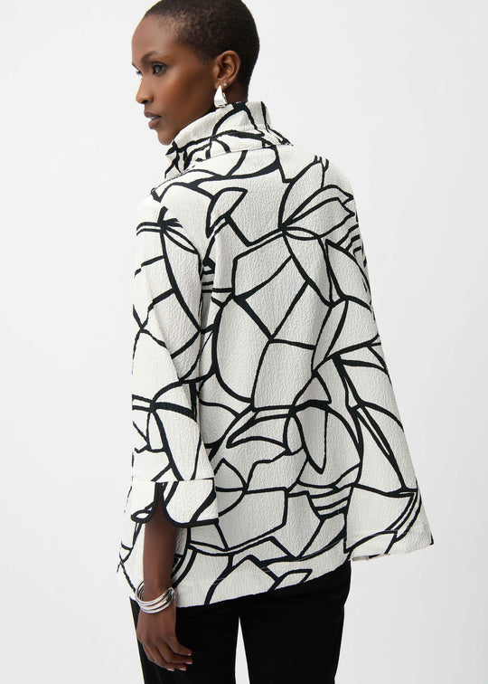 back view of plus size Joseph Ribkoff Seersucker Abstract Print Wire Collar Jacket in Vanilla Black