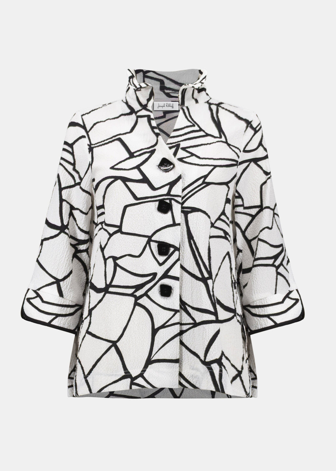 front view of plus size Joseph Ribkoff Seersucker Abstract Print Wire Collar Jacket in Vanilla Black