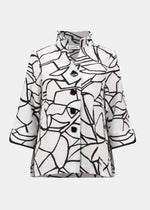 front view of plus size Joseph Ribkoff Seersucker Abstract Print Wire Collar Jacket in Vanilla Black
