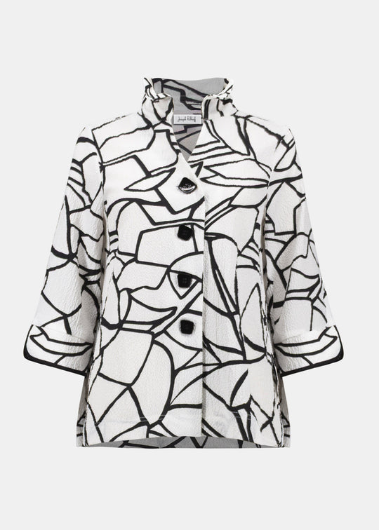 front view of plus size Joseph Ribkoff Seersucker Abstract Print Wire Collar Jacket in Vanilla Black