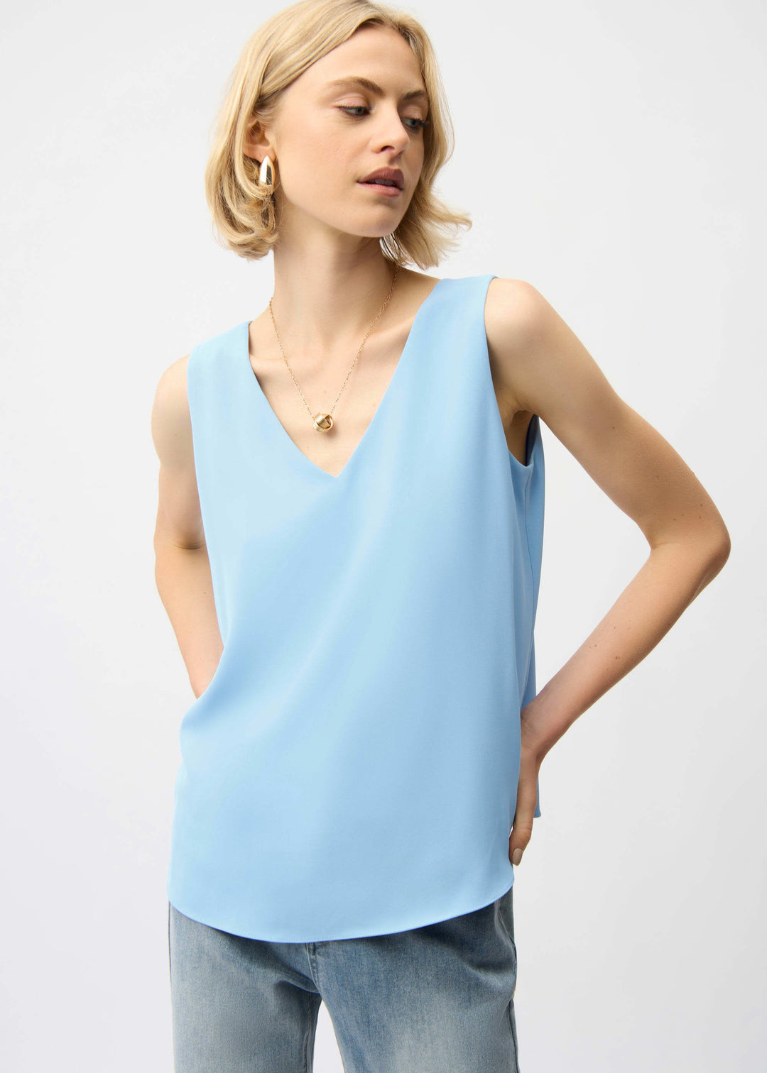 front view of plus size Joseph Ribkoff Woven Twill V-Neck double Layer Straight Tank in Sky Blue