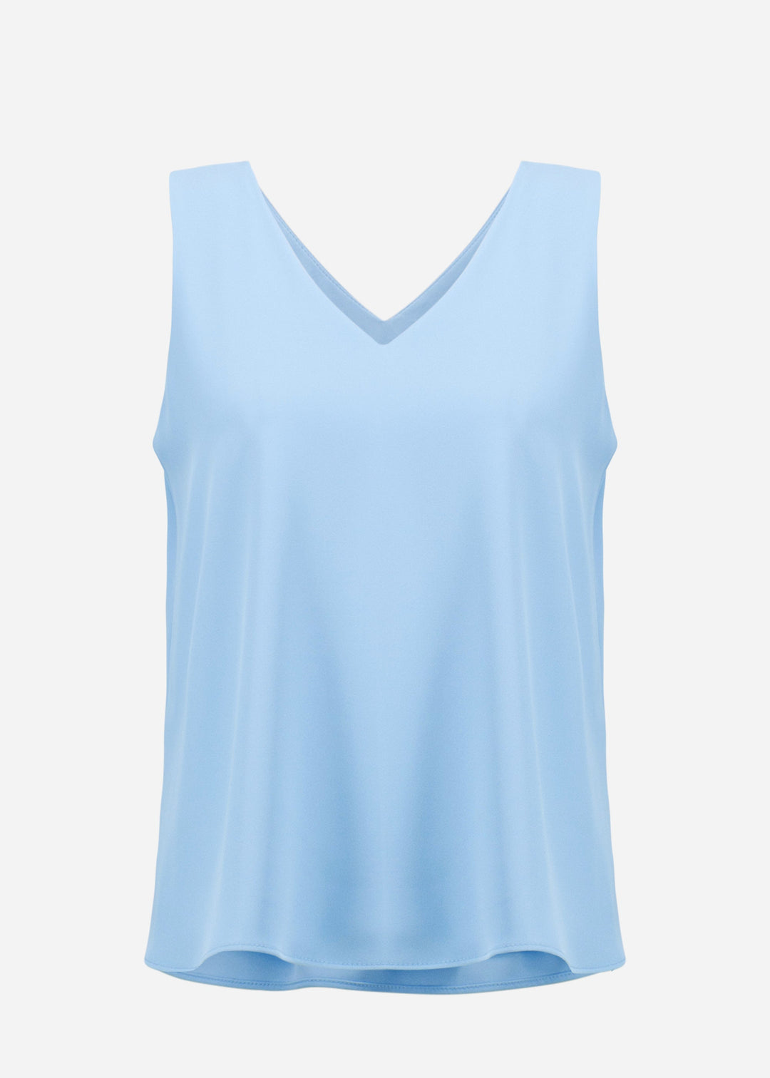 front view of plus size Joseph Ribkoff Woven Twill V-Neck double Layer Straight Tank in Sky Blue