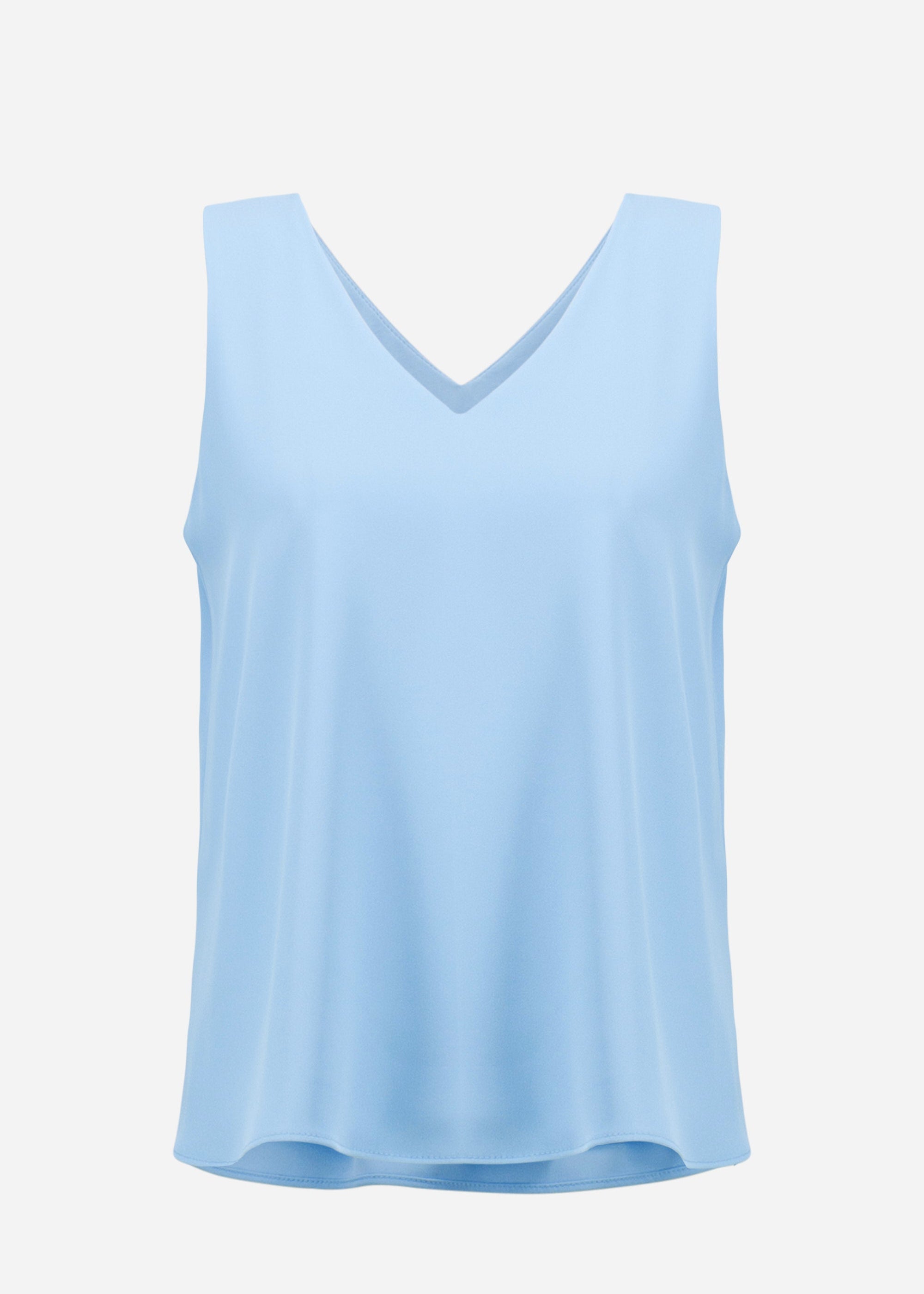 front view of plus size Joseph Ribkoff Woven Twill V-Neck double Layer Straight Tank in Sky Blue