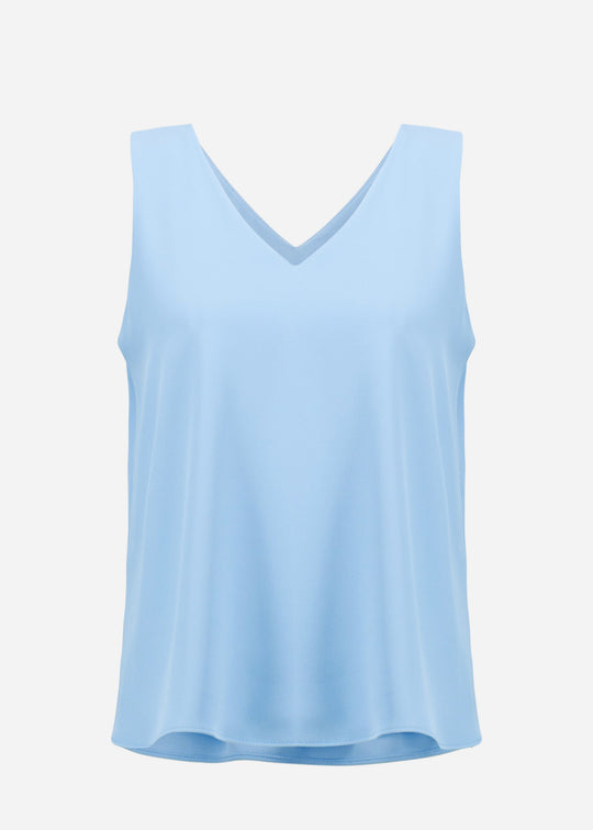 front view of plus size Joseph Ribkoff Woven Twill V-Neck double Layer Straight Tank in Sky Blue