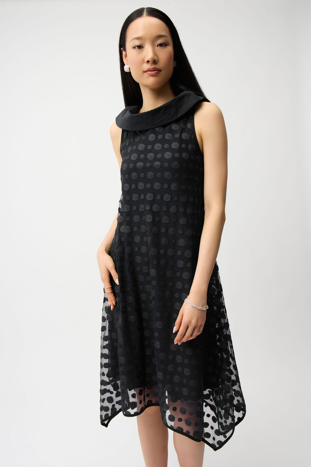 Joseph Ribkoff Dot Embellished Mesh Cowl Neck Dress in Black