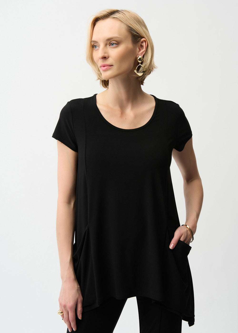 front view of plus size Joseph Ribkoff Silky Knit Big Pocket Tunic in Black