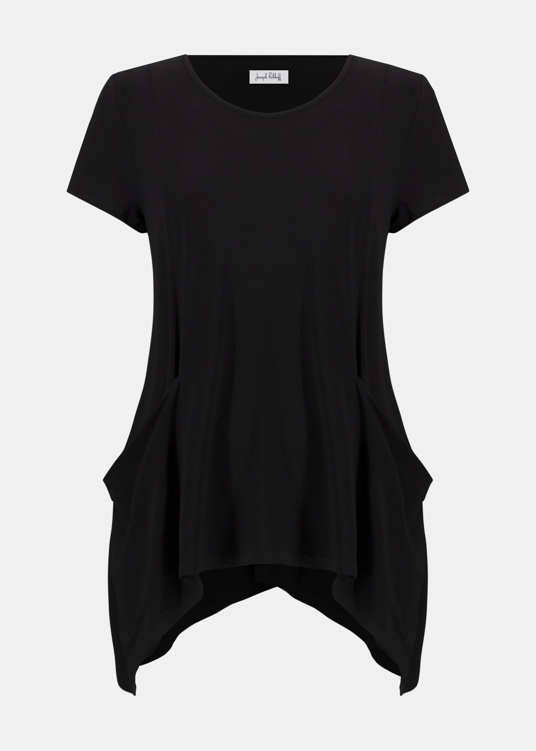 front view of plus size Joseph Ribkoff Silky Knit Big Pocket Tunic in Black