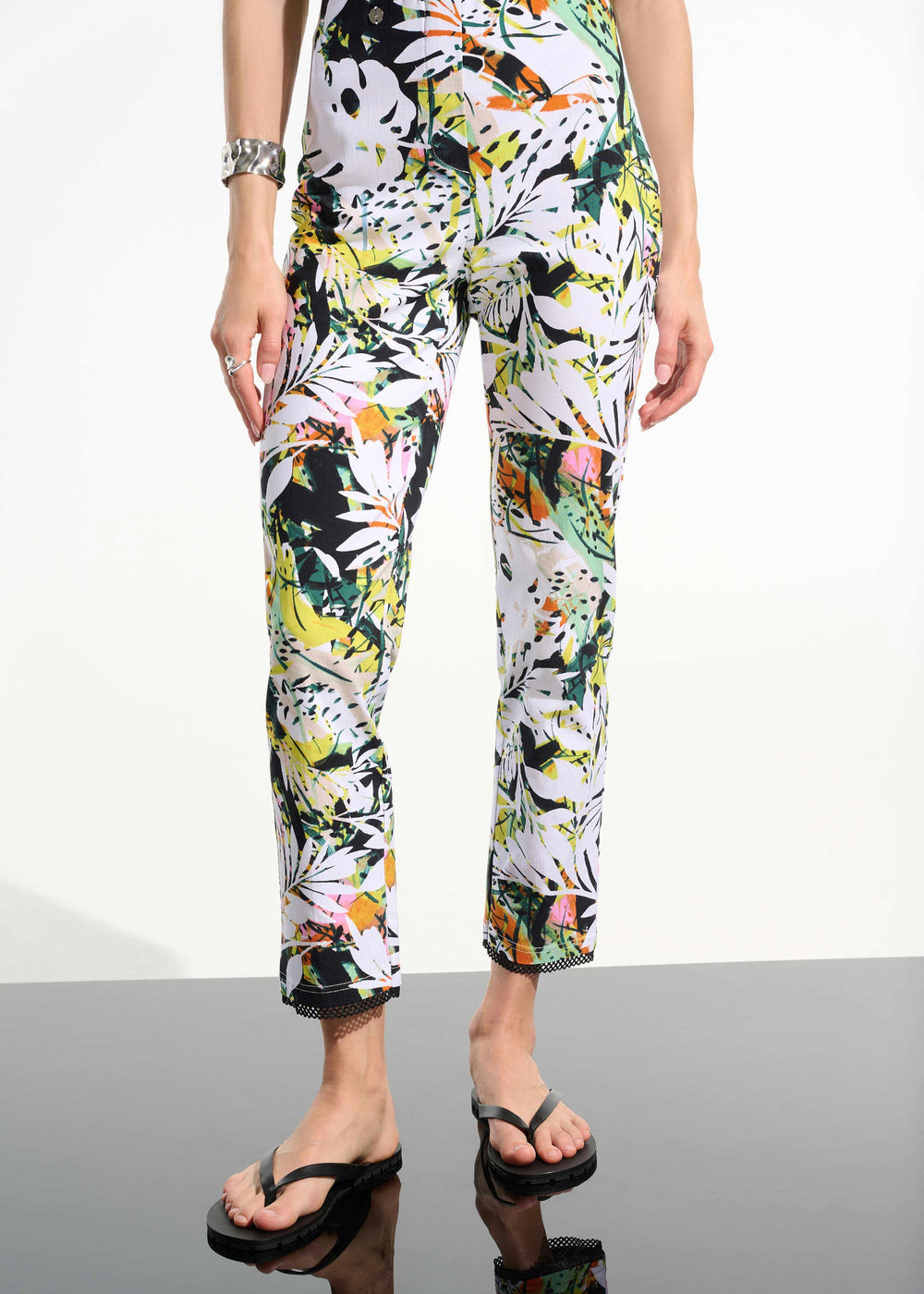 front view of plus size Joseph Ribkoff Tropical Part Millennium Stretch Pant with Mesh Detail in Vanilla Multi