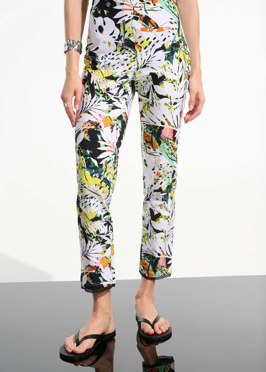 front view of plus size Joseph Ribkoff Tropical Part Millennium Stretch Pant with Mesh Detail in Vanilla Multi