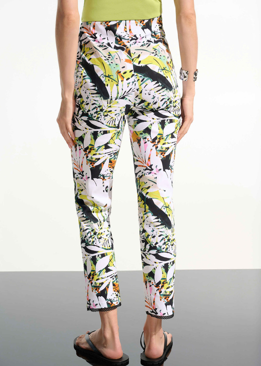 back  view of plus size Joseph Ribkoff Tropical Part Millennium Stretch Pant with Mesh Detail in Vanilla Multi