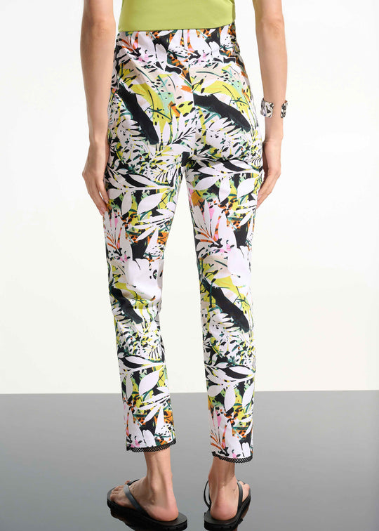 back  view of plus size Joseph Ribkoff Tropical Part Millennium Stretch Pant with Mesh Detail in Vanilla Multi