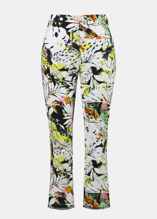 front view of plus size Joseph Ribkoff Tropical Part Millennium Stretch Pant with Mesh Detail in Vanilla Multi