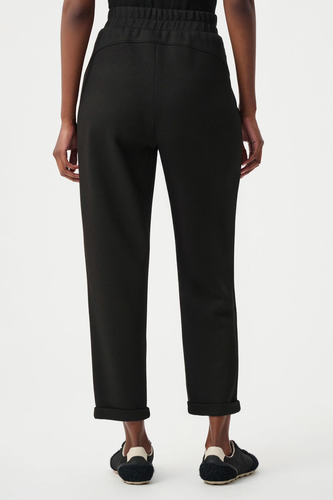 Black pull-on jogger pants with elastic waistband and cropped tapered fit