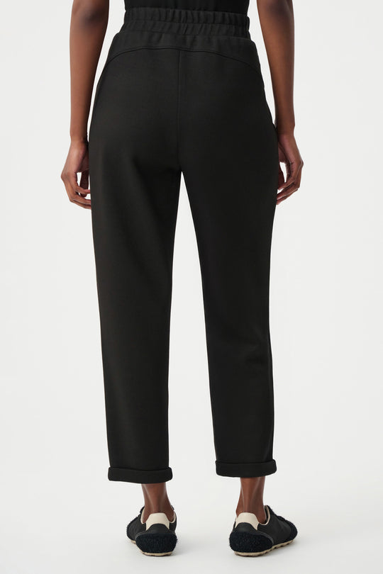 Black pull-on jogger pants with elastic waistband and cropped tapered fit
