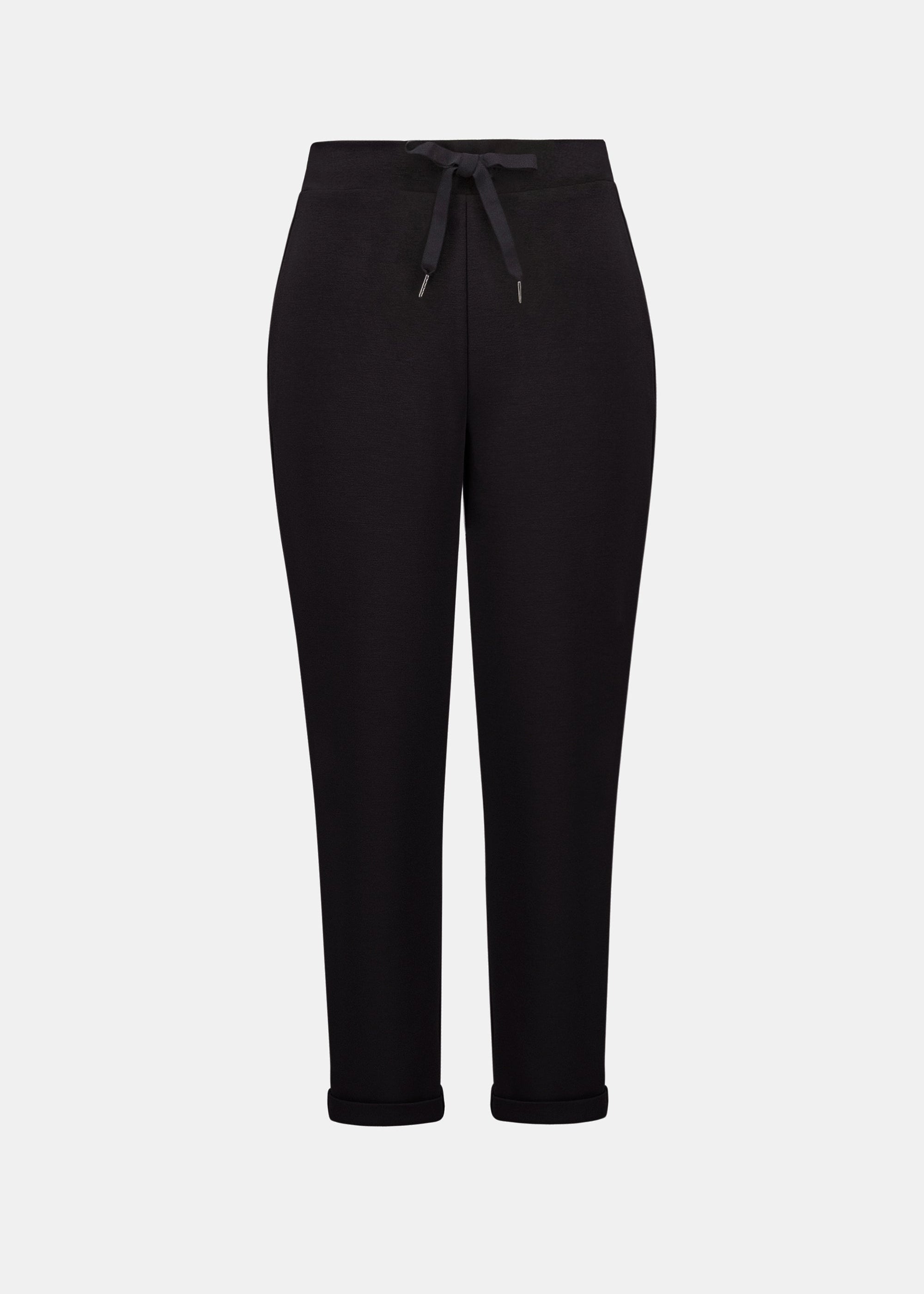 Black pull-on joggers with drawstring waist, tapered leg