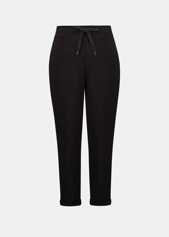 Black pull-on joggers with drawstring waist, tapered leg